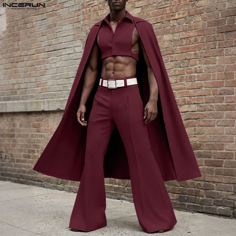 Men'S Fashion Pants - INCERUN 男性セットソリッドカラーラペルノースリーブ不規則なポンチョシャツ & パンツ 2 枚セットストリートウェア
