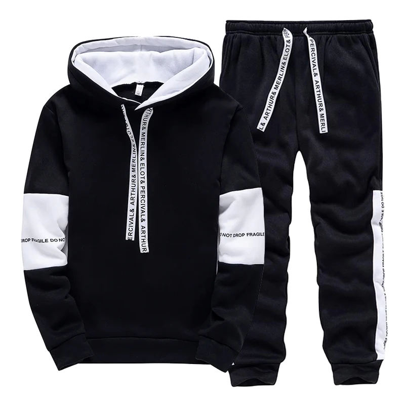 Men'S Fashion Pants - 黒、白のメンズトラックスーツファッションカジュアルフード付きスウェットシャツアウトドアスポーツジョギング服秋冬シングルパーカーパンツ
