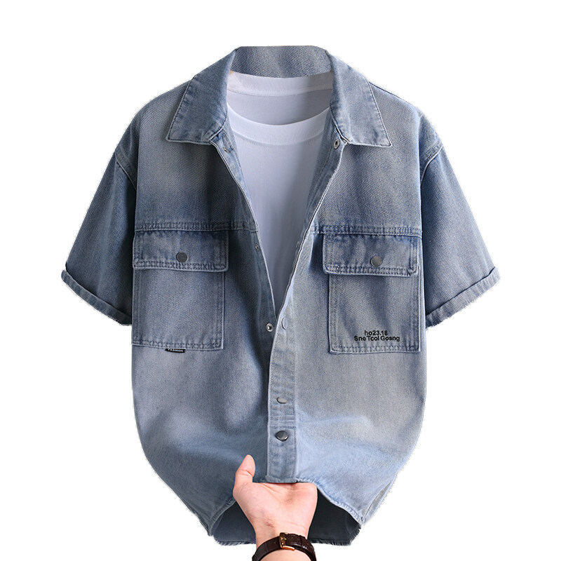 Mens Fashion Denim - メンズデニムシャツ夏のファッション無地通気性コットンブレンドカジュアル半袖シャツ通勤ストリートウェアアーバンウェア