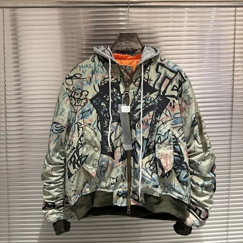 Bomber Jacket Men - 26 SS ロンドン地下鉄アートグラフィティ ウォッシュドパイロットジャケット ダメージ加工 ルーズ