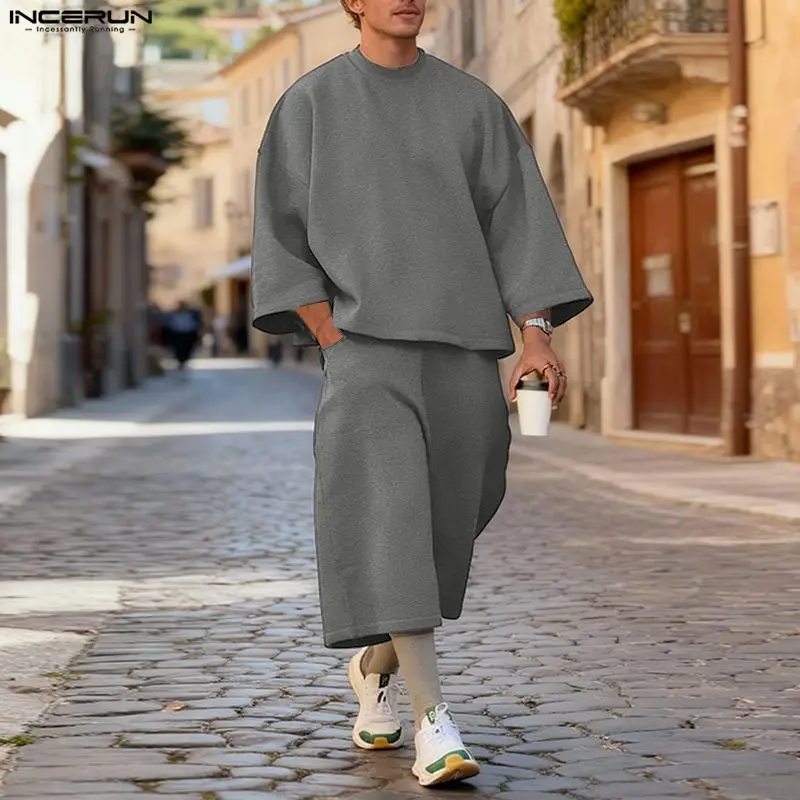 Streetwear Hoodie - INCERUN メンズセット ソリッドカラー バギー 3/4 スリーブ
