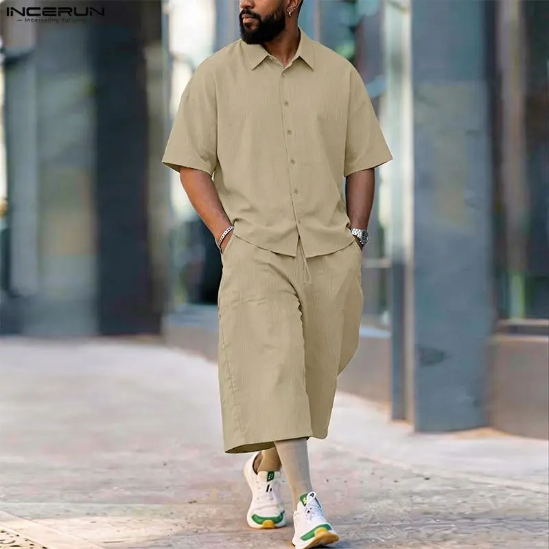 Men'S Fashion Pants - INCERUN メンズセットソリッドラペル半袖シャツパンツツーピースセットストリートルーズ 2026 夏のファッション男性マッチングセット
