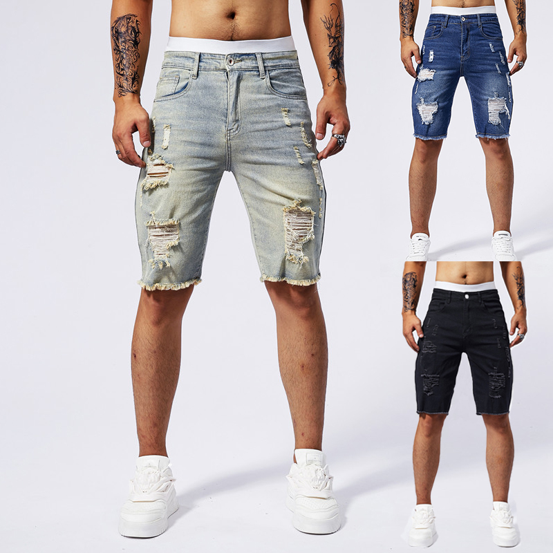 Mens Fashion Denim - 2025 夏の新メンズリッピングデニムショーツファッションヴィンテージ穴ストリートストレッチスリム膝丈ショートパンツトレンディなブランド男性