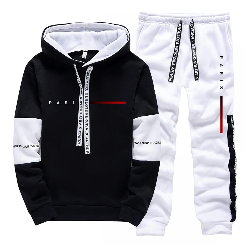 Men'S Fashion Tips - パリファッションパーカーストリートウェアメンズセットフード付きスウェットシャツスウェットパンツ男性オールシーズンデイリーカジュアルスポーツプルオーバージョガーパンツ