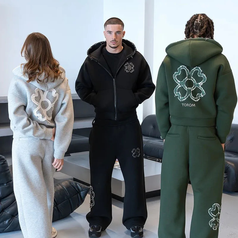 Streetwear Hoodie - 春秋オーバーサイズ四つ葉のクローバーアップリケジップアップフーディートラックスーツセットメンズY2Kストリートウェアフリーススウェットパンツ2ピースアウトフィット