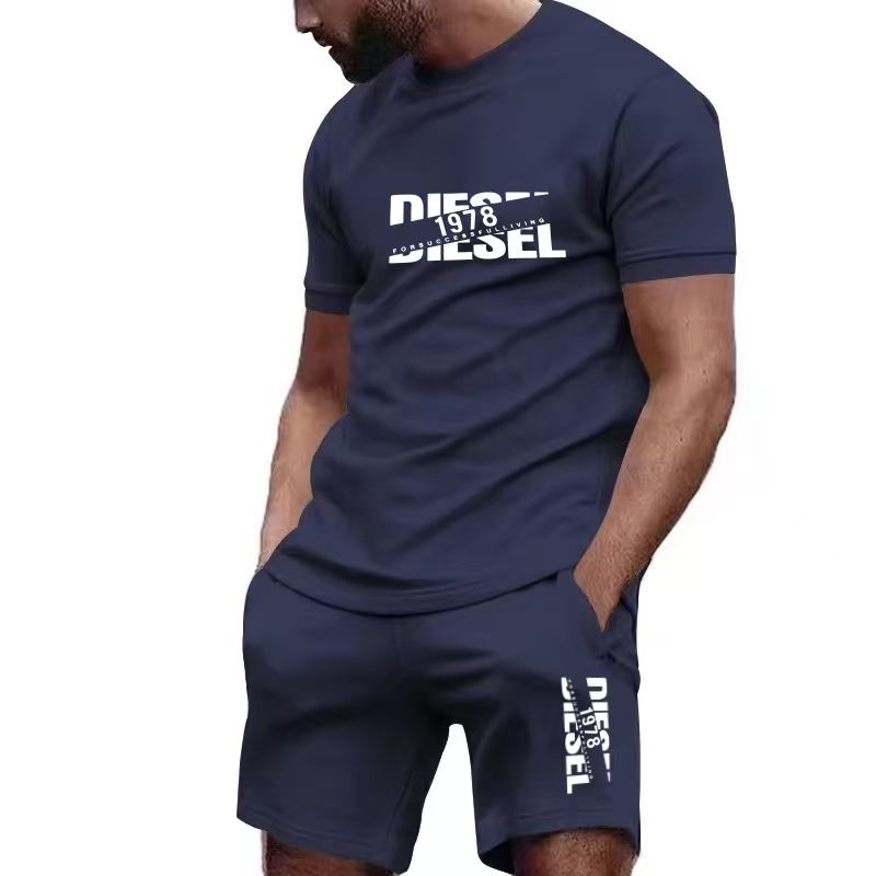 Men'S Fashion Looks - 2026年新作夏メンズTシャツ+ショートパンツセット、プリント入りおしゃれカジュアルラウンドネックプルオーバー、速乾性ランニングスポーツショーツ