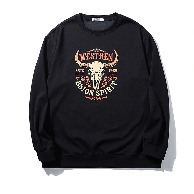 Streetwear Hoodie - メンズクルーネックスウェットシャツウエスタンブルスカルプリント長袖プルオーバーカジュアル春秋トップスルーズフィットストリートウェアパーカー