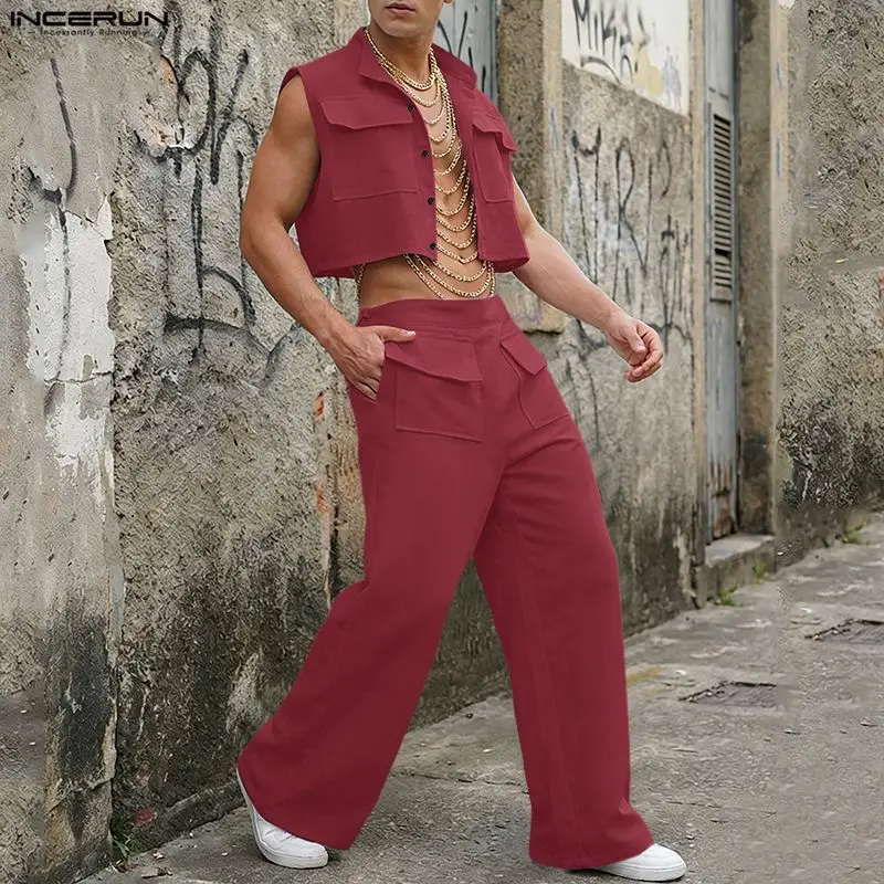 Men'S Fashion Tips - INCERUN 男性セット固体ノースリーブクロップトップスシャツパンツ 2 ピースセットストリートルーズ 2026 ファッションメンズマッチングセットトラックスーツ