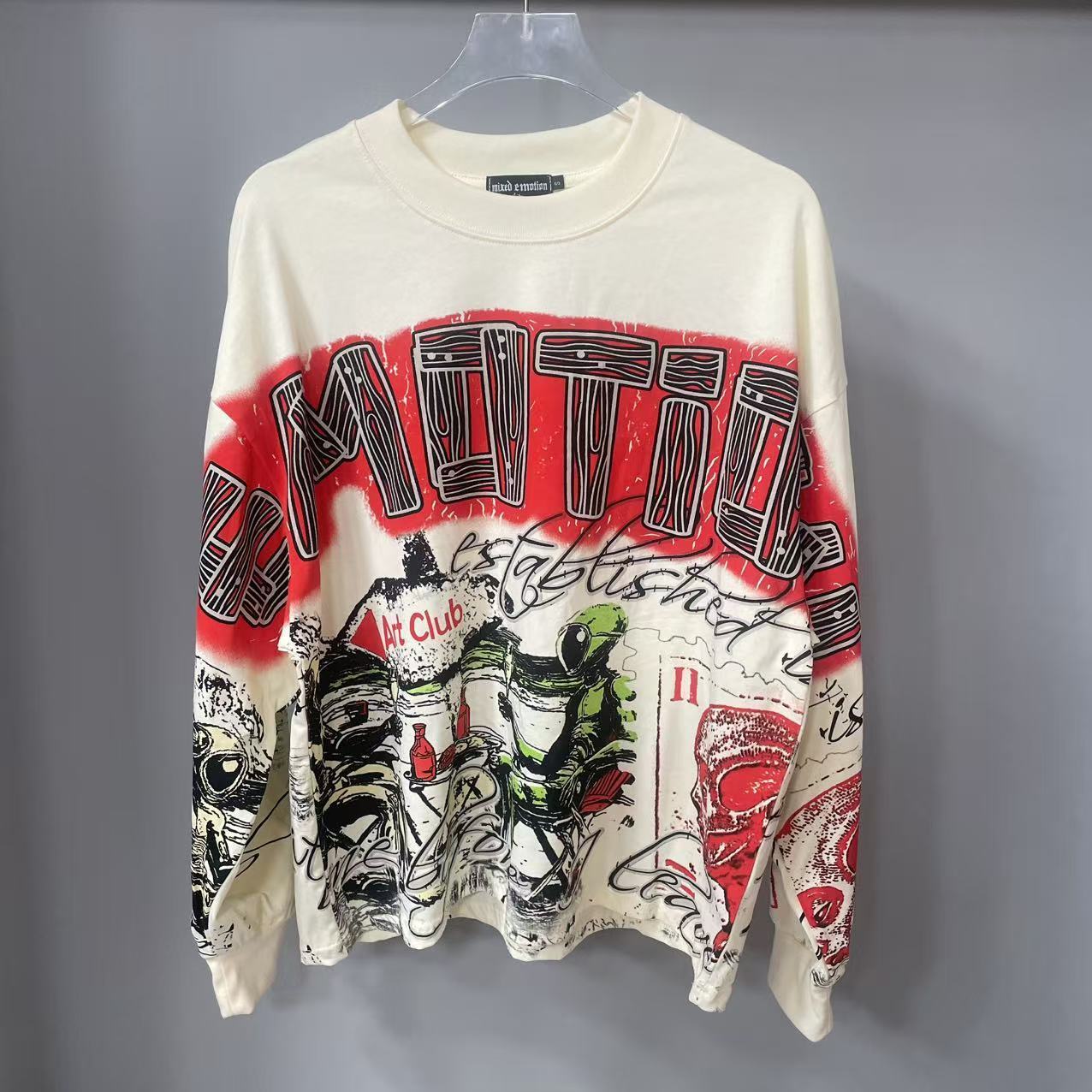 Streetwear Hoodie - 高品質デザイナー MIXED-EMOTION 長袖Tシャツ 100%コットン メンズ＆レディース ヴィンテージプリント＆ホットフィックスラインストーン
