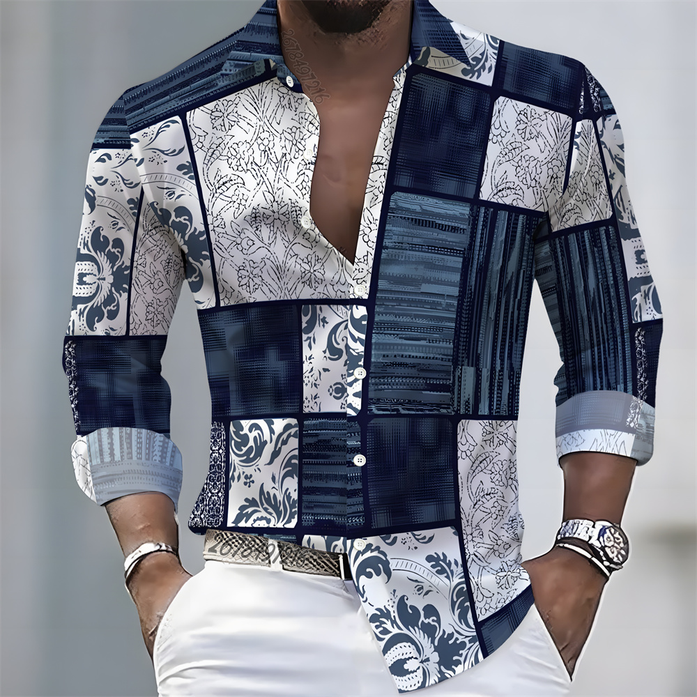 Men'S Fashion Tips - メンズライトラグジュアリースタイルカラーブロックプリント長袖シャツ、ビジネスカジュアル万能ラペルルーズフィットファッションシャツ