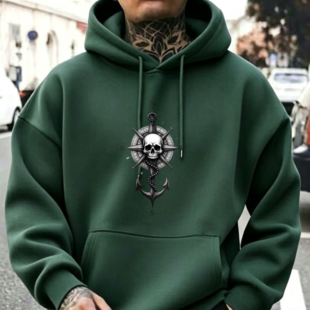 Streetwear Hoodie - ヴィンテージ海賊スカルアンカーコンパス航海グラフィックパーカー男性レトロ海セーラープルオーバーフード付きスウェットシャツゴシックストリートウェア