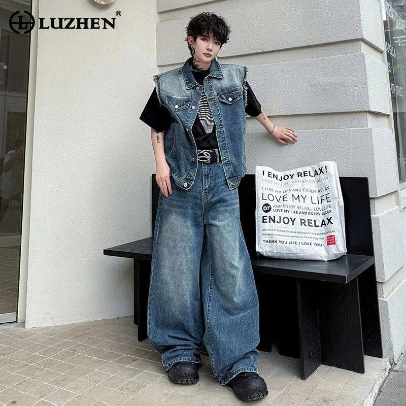 Mens Fashion Denim - LUZHEN 2026 夏デニムツーピースセットメンズファッションハンサムストリートウェアポケット装飾ノースリーブコートストレートジーンズ JY6893