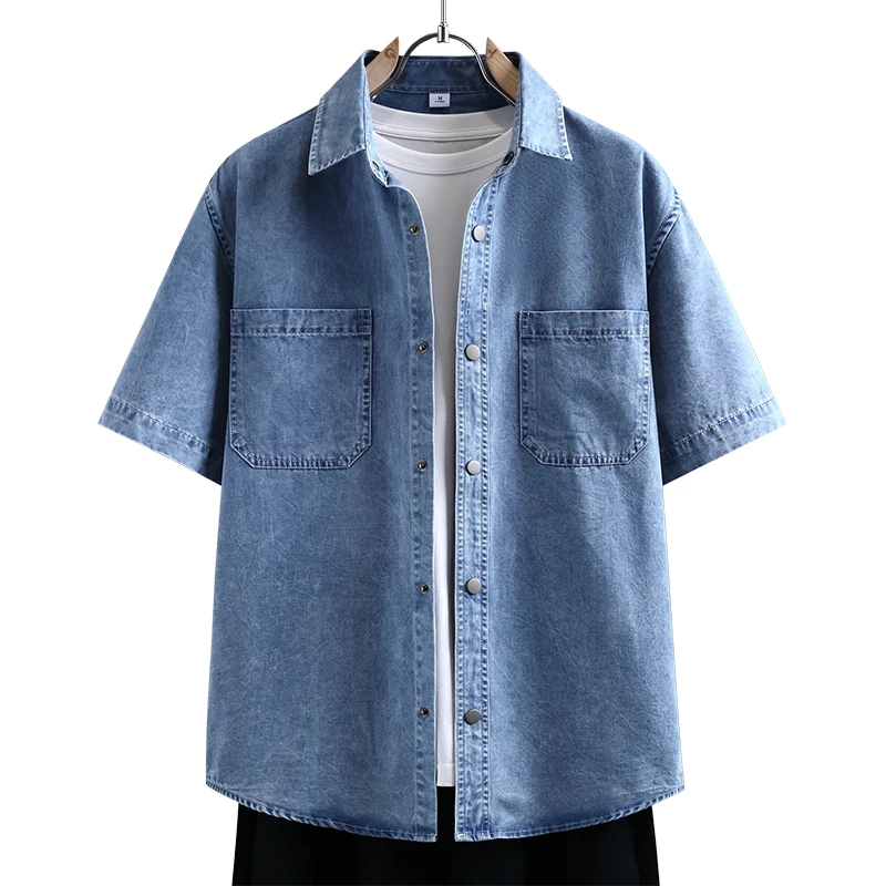 Mens Fashion Denim - メンズ薄手デニムシャツ新しい夏のファッション通気性のある綿混紡カジュアル半袖シャツ無地毎日の通勤ストリートウェア