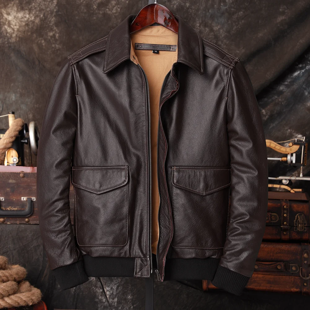 Bomber Jacket Men - 爆撃機 A2 パイロット本革ジャケット男性暖かい 100% 牛革空軍コートダークブラウンメンズ牛革オートバイジャケット