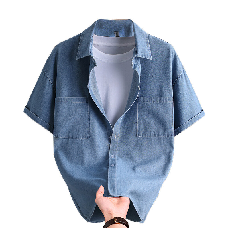 Mens Fashion Denim - メンズデニムシャツ夏のファッション無地通気性コットンブレンドカジュアル半袖シャツ通勤ストリートウェアアーバンウェア