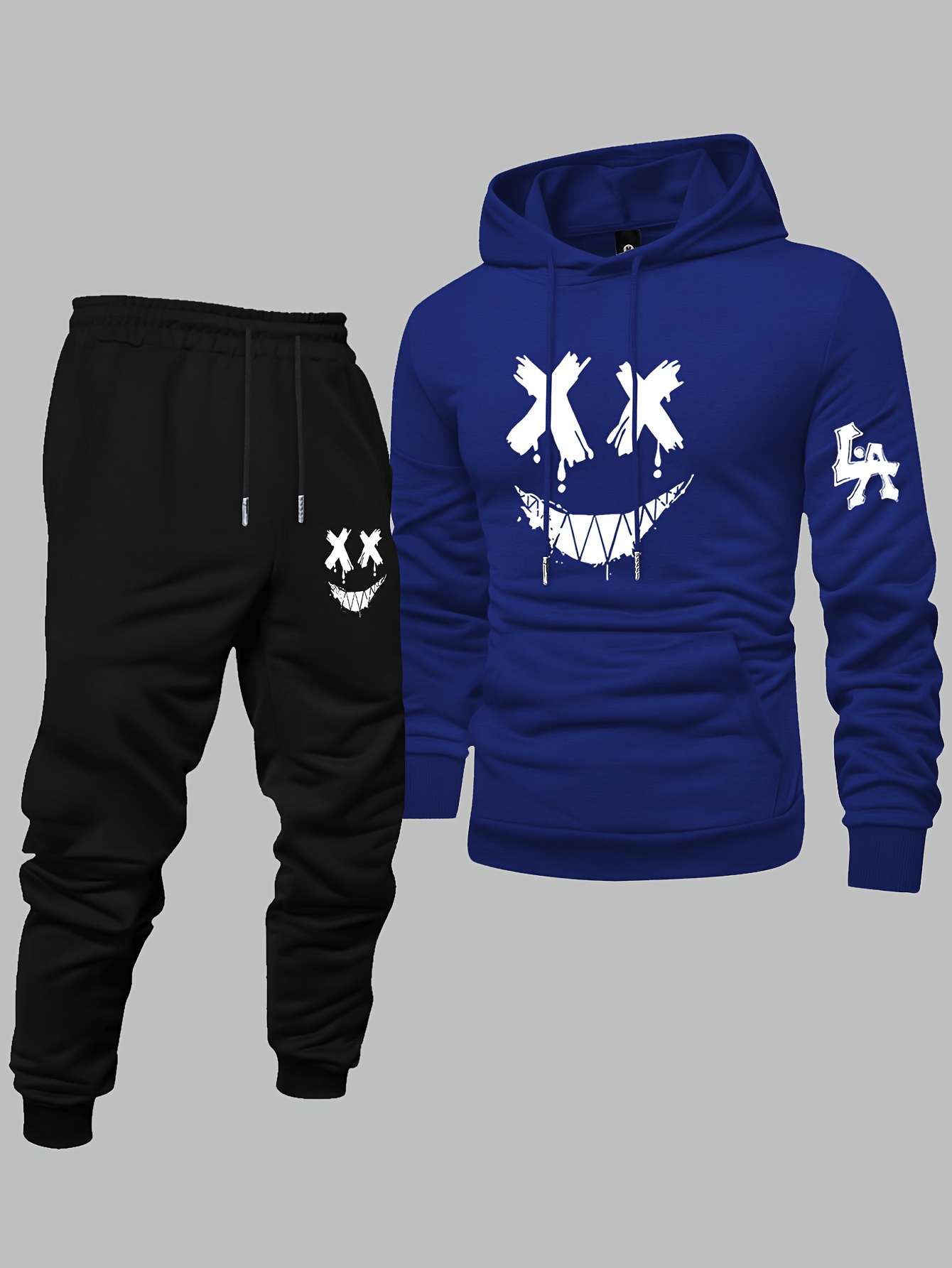 Streetwear Hoodie - 2026年メンズトレンドストリートウェアトラックスーツ上下セットXアイズスマイリーグラフィックプリント長袖フーディジョガーパンツカジュアルスポーツウェア
