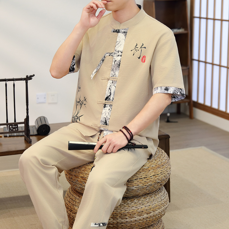 Men'S Fashion Pants - 2026年春 メンズカジュアルセット 中華風シャツ+パンツ 夏 100%コットン スポーツウェア