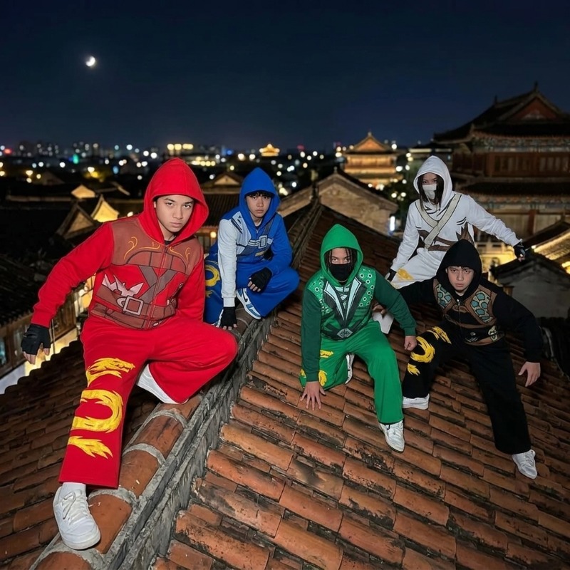 Streetwear Hoodie - 忍者戦士アーマーフーディーセット メンズ ドラゴングラフィック 2ピーススーツ アニメ風ストリートウェア バギーワイドレッグパンツ