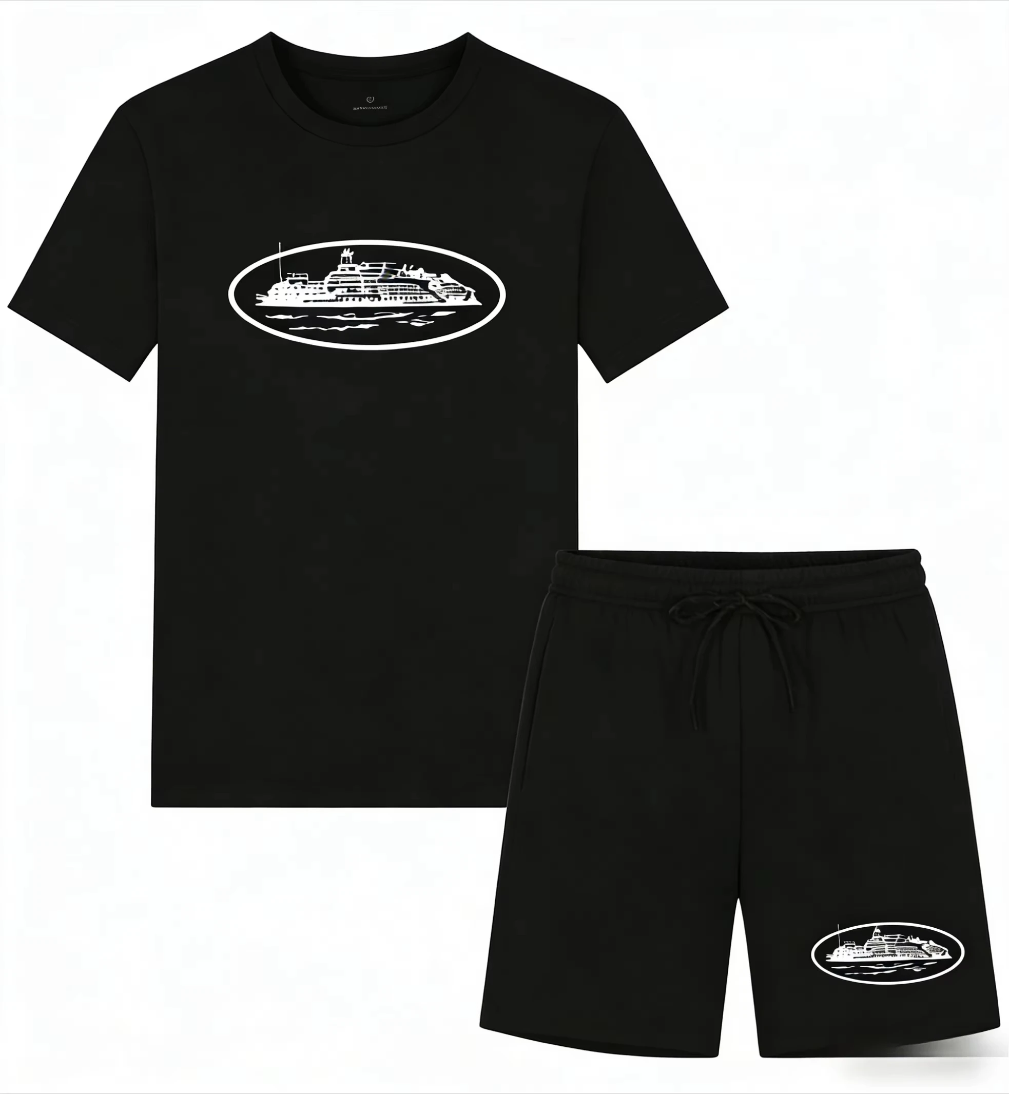 Men'S Fashion Looks - 2026年夏新作 小型ボートプリント ツーピースTシャツ＆ショートパンツ ルーズラウンドネック 通気性ハーフスリーブ カジュアルファッションブランド
