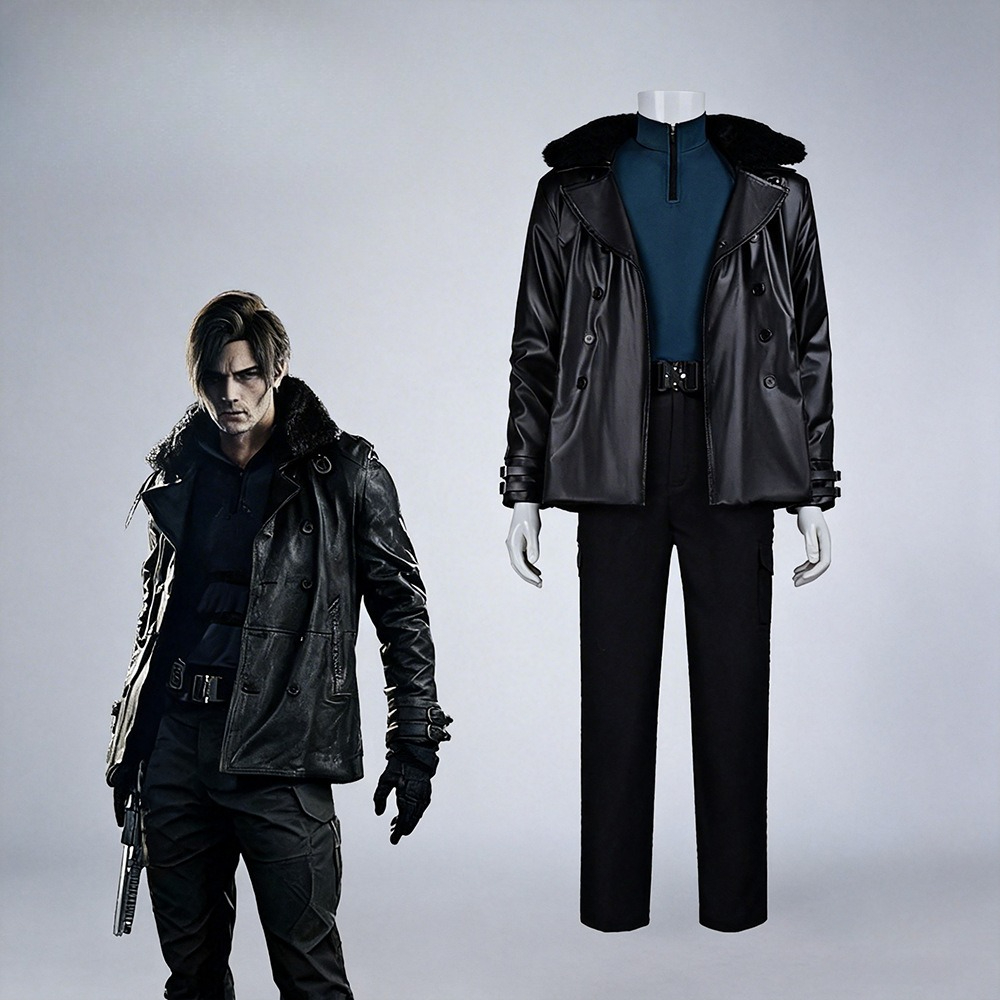 Bomber Jacket Men - ゲームレオン・ケネディ Re9 イービルコスプレ衣装 レジデントマン PUレザーボンバージャケットパンツセット タクティカルコスプレ