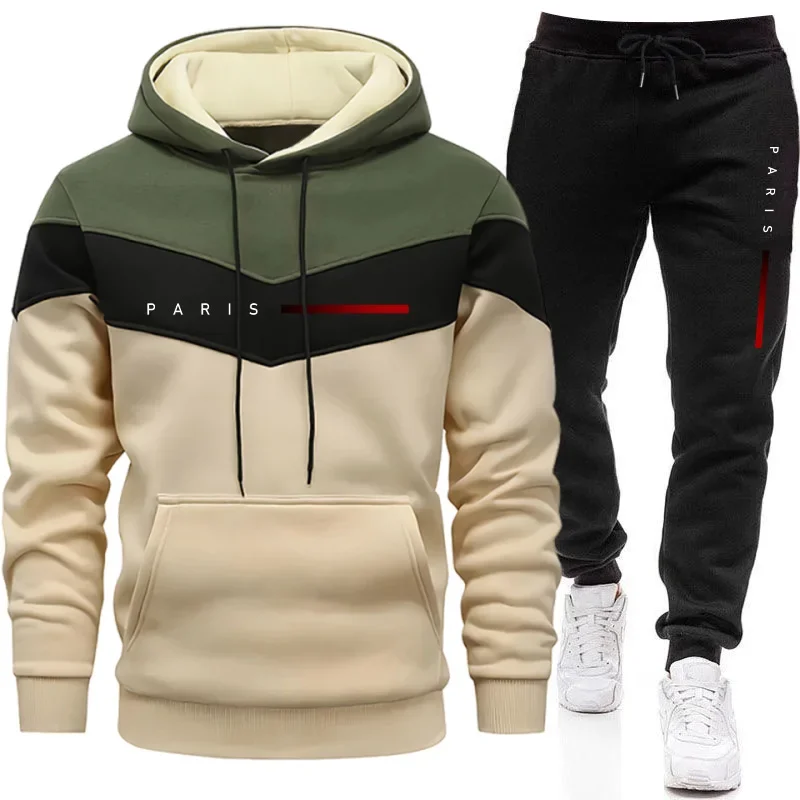 Men'S Fashion Tips - パリファッションメンズフーディセットデイリーカジュアルスポーツフード付きスウェットシャツとジョガーパンツ男性用アーバントレンドウォームプルオーバートラックスーツ