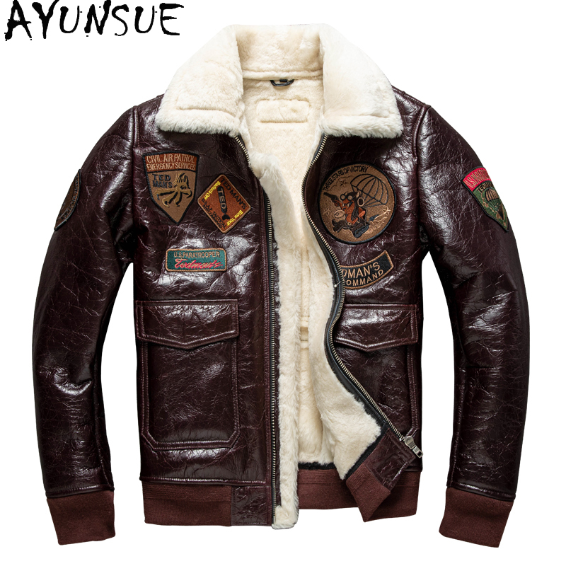 Bomber Jacket Men - Ayunsue-メンズ厚手の革ボンバージャケット、天然シープスキンの毛皮の衣類、ウールの裏地、冬