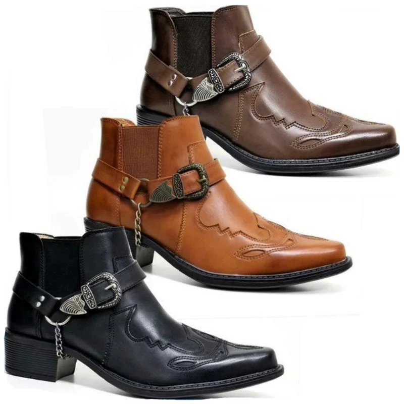 Men'S Fashion Old Money - 2026年メンズヴィンテージカウボーイブーツ、レザーハイカットチェーンバックルストラップパンクシューズ、ポインテッドトゥバイカーアンクルブーツ