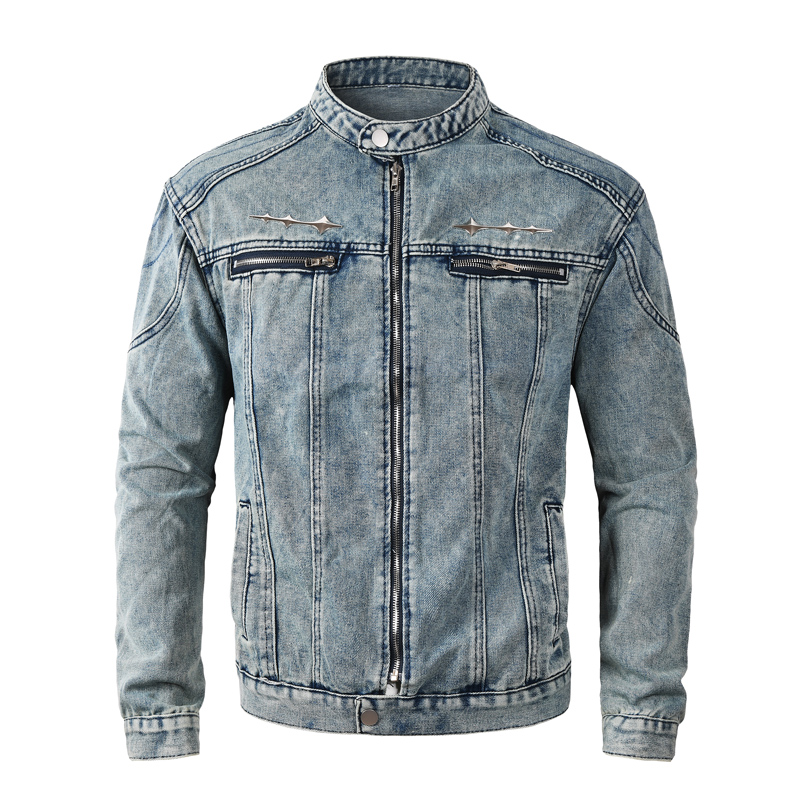 Bomber Jacket Men - ハイストリートファッションデザイナーメンズジャケットレトロウォッシュドブルースタンドカラーデニムジャケットメンズボンバージャケットジッパーフライチャケータスオンブレ