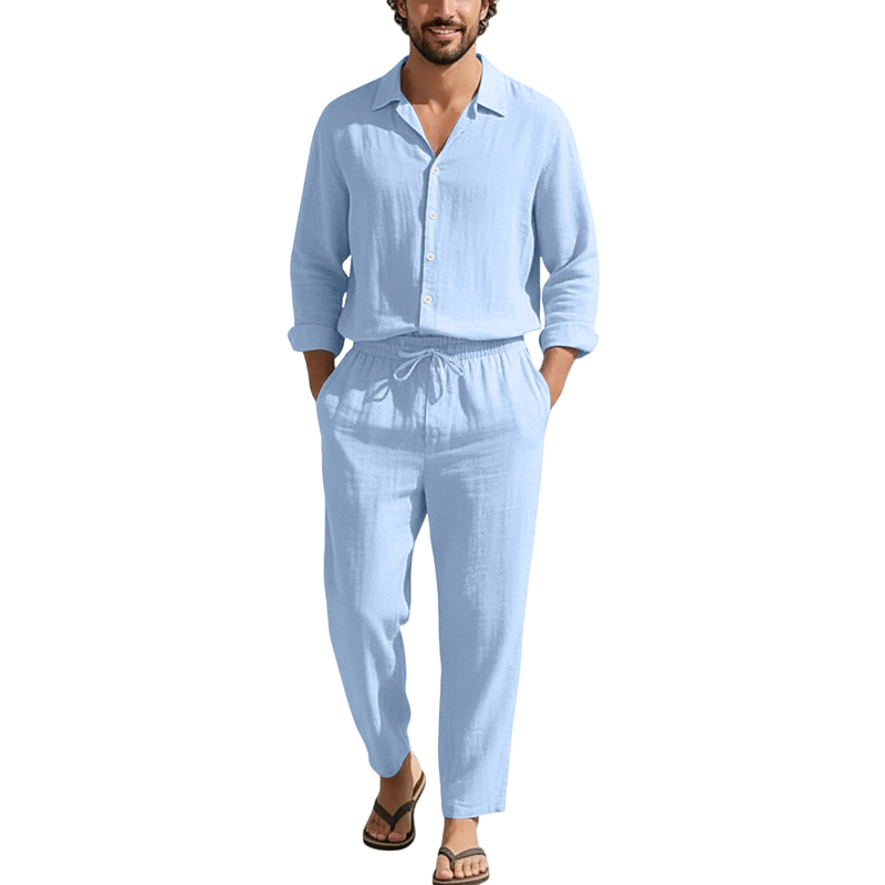 Men'S Fashion Pants - 春夏リネンカジュアルセットゆったりビーチ長袖シャツ+ロングパンツ無地通気性ターンダウンカラーファッションセット