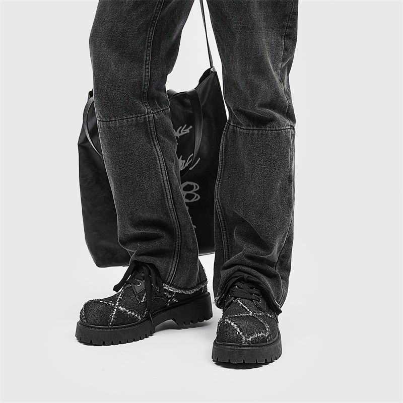 Mens Fashion Denim - メンズ秋のおしゃれな厚底レースアップデニムダービーシューズカジュアルファッションレザーシングルシューズ