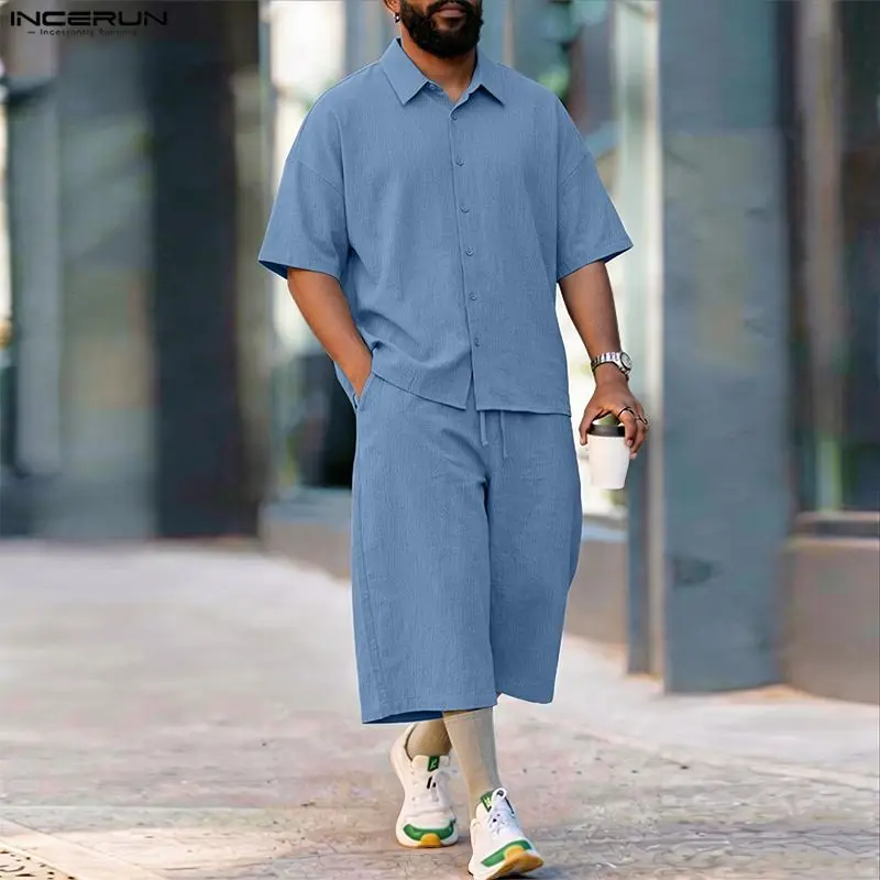 INCERUN メンズセットソリッドラペル半袖シャツパンツツ - Men'S Fashion Pants のレビューと価格