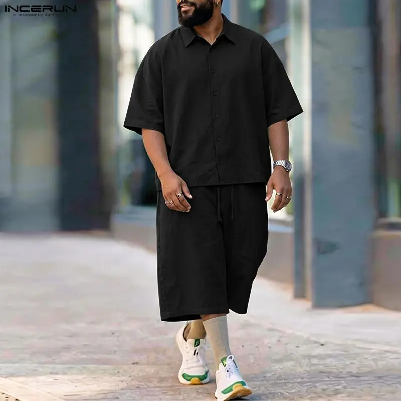 INCERUN メンズセットソリッドラペル半袖シャツパンツツ - Men'S Fashion Pants のレビューと価格