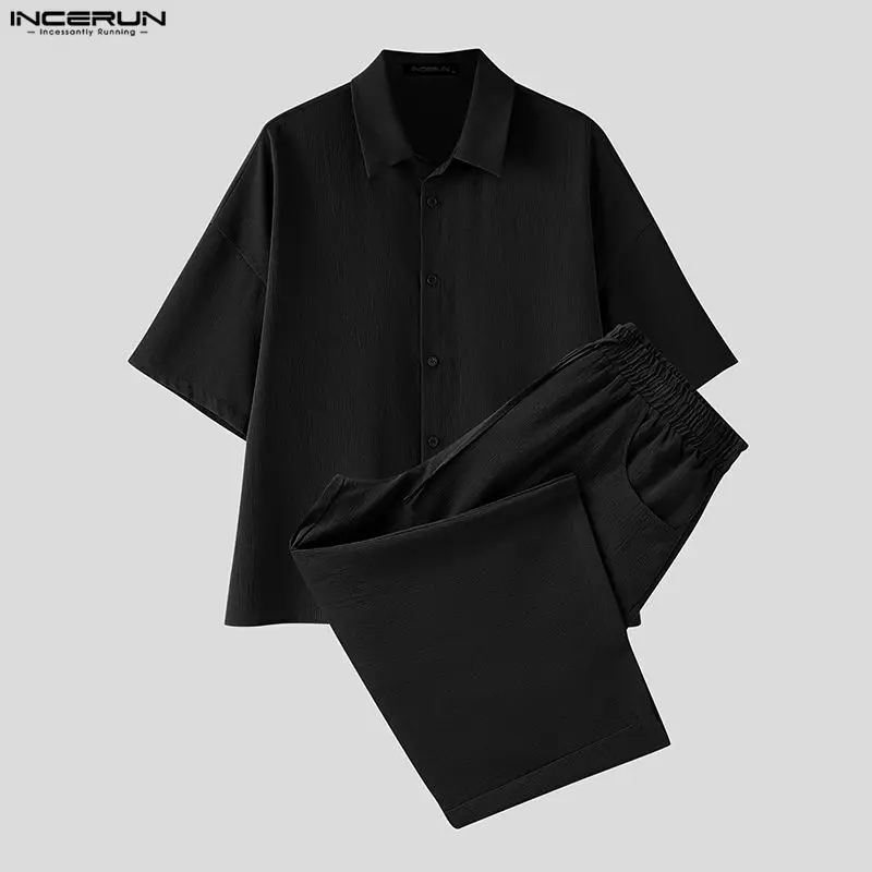 INCERUN メンズセットソリッドラペル半袖シャツパンツツ - Men'S Fashion Pants のレビューと価格