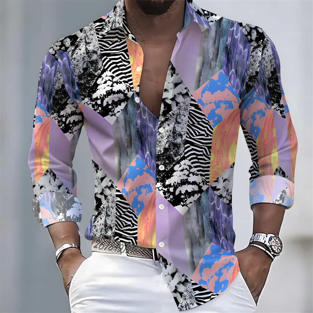 メンズライトラグジュアリースタイルカラーブロックプリント長袖 - Men'S Fashion Tips のレビューと価格