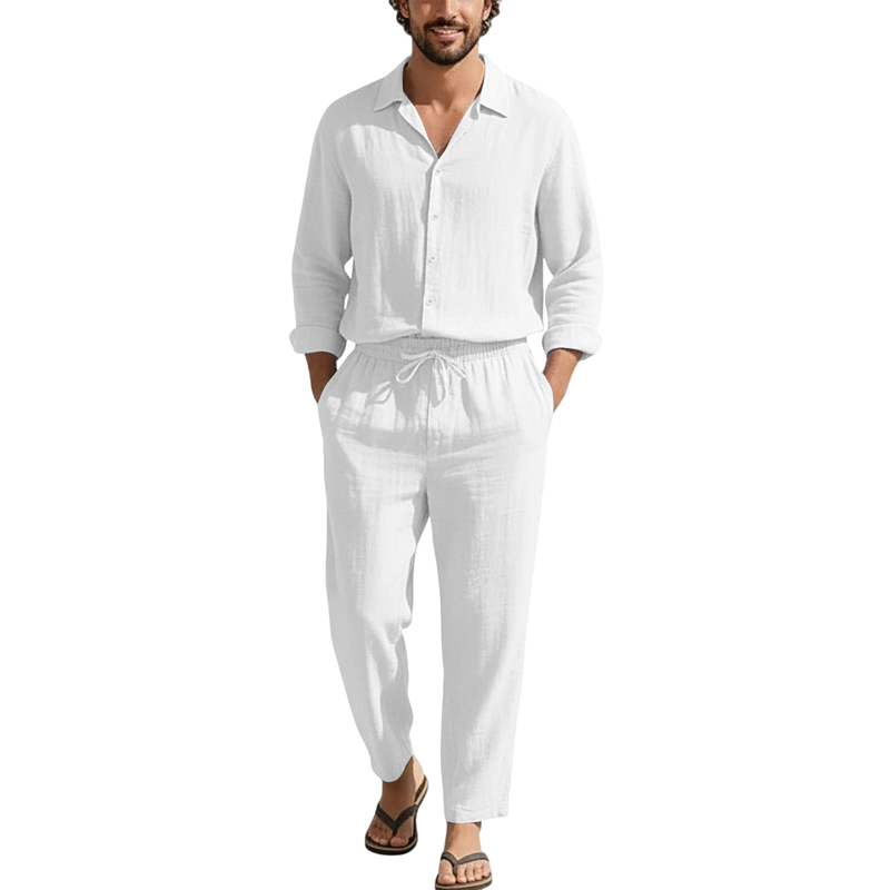 春夏リネンカジュアルセットゆったりビーチ長袖シャツ+ロングパ - Men'S Fashion Pants のレビューと価格