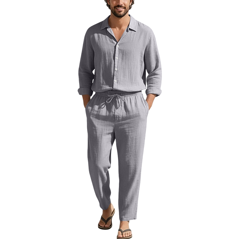 春夏リネンカジュアルセットゆったりビーチ長袖シャツ+ロングパ - Men'S Fashion Pants のレビューと価格