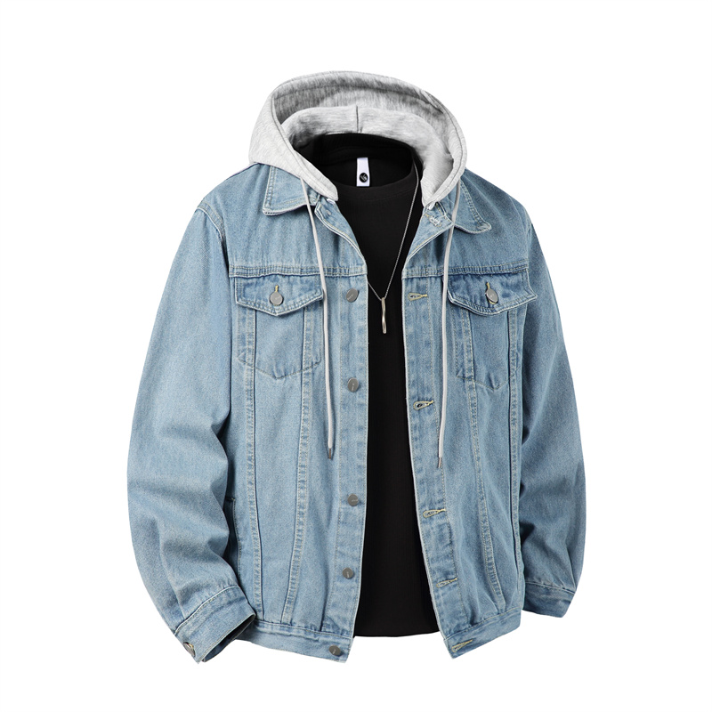 男性フード付きデニムジャケット男性ストリートターンダウン襟生 - Bomber Jacket Men のレビューと価格