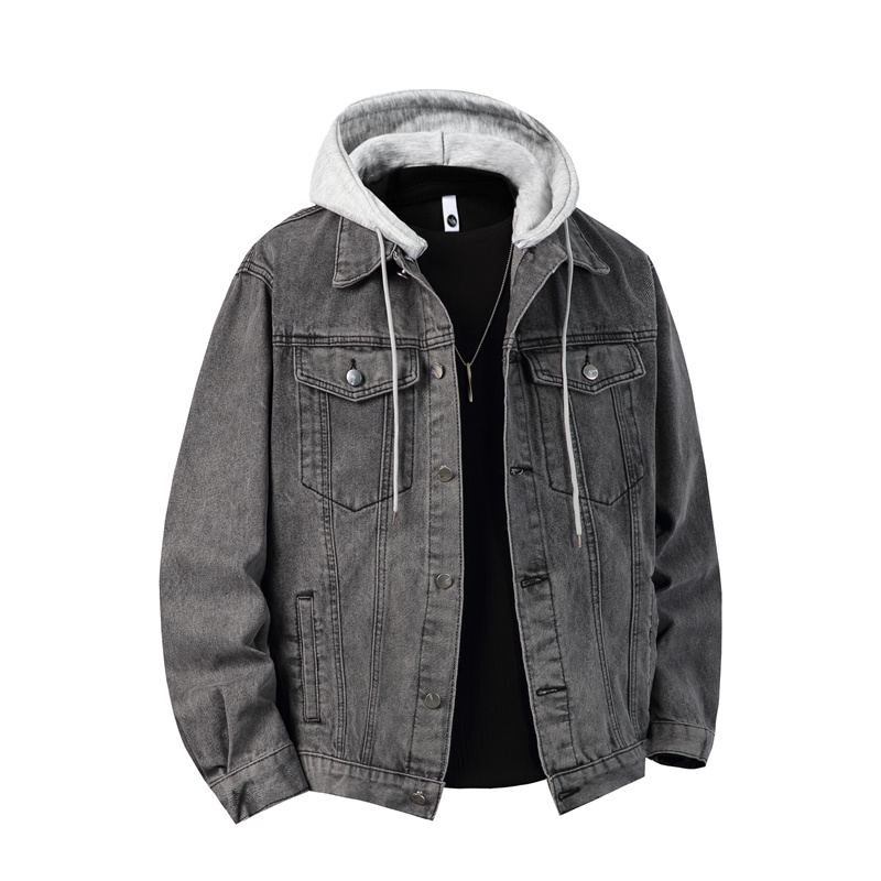 男性フード付きデニムジャケット男性ストリートターンダウン襟生 - Bomber Jacket Men のレビューと価格