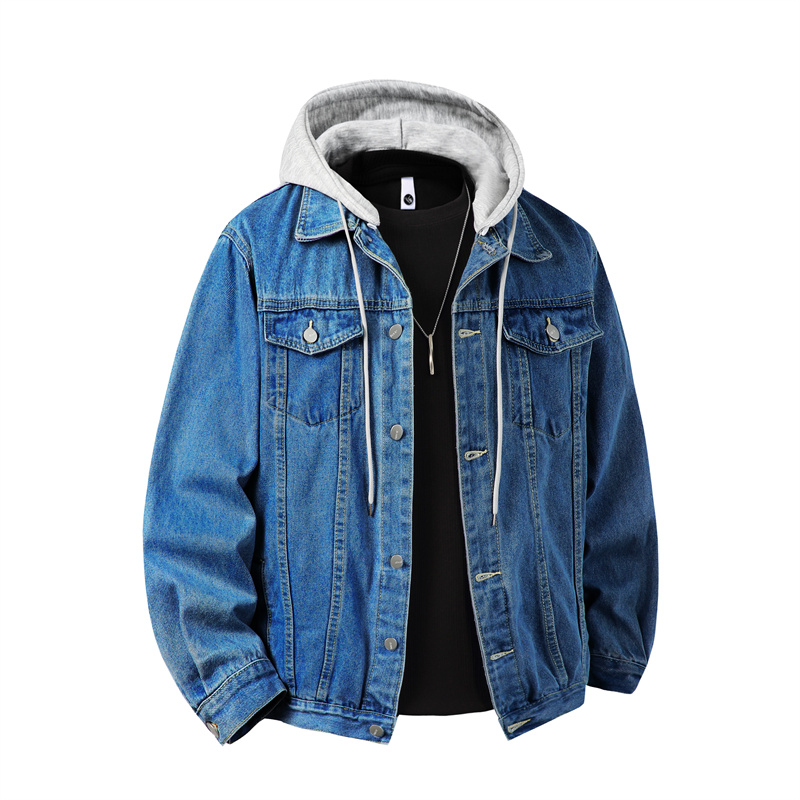 男性フード付きデニムジャケット男性ストリートターンダウン襟生 - Bomber Jacket Men のレビューと価格